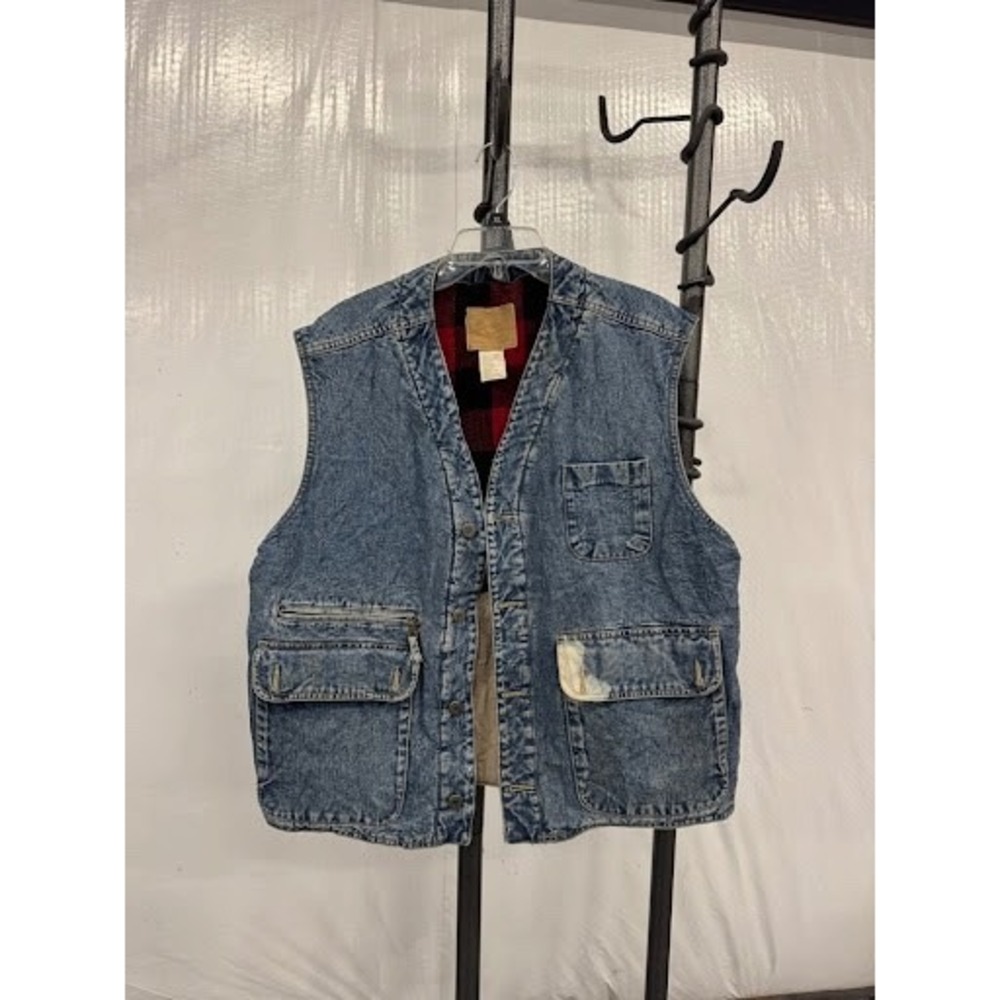 Vintage 90s GAP Acid Wash Denim Vest - Buffalo Plaid Lined - Large - Rugged